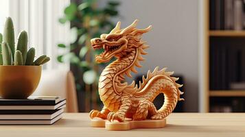 A small wooden dragon figurine on a work desk in a festive New Year atmosphere. Symbol of Chinese New Year 2024. AI Generative photo