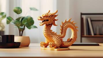 A small wooden dragon figurine on a work desk in a festive New Year atmosphere. Symbol of Chinese New Year 2024. AI Generative photo