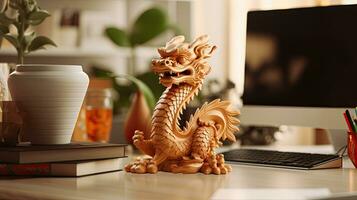 A small wooden dragon figurine on a work desk in a festive New Year atmosphere. Symbol of Chinese New Year 2024. AI Generative photo