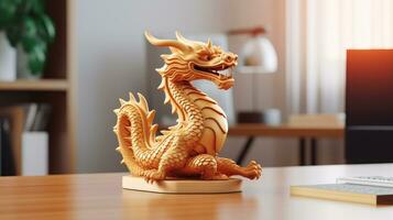 A small wooden dragon figurine on a work desk in a festive New Year atmosphere. Symbol of Chinese New Year 2024. AI Generative photo