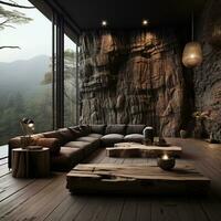 interior diseño, vivo habitación con sereno naturaleza vista, hermosa mansión diseño en el bosque, ai generativo foto