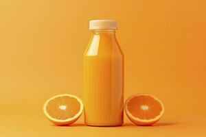naranja jugo botella en naranja antecedentes. ai generado foto