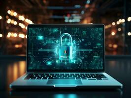 Laptop with cloud computing diagram show on hand. Cloud technology. Data storage. Business technology Cyber Security Firewall, Antivirus Alert Protection, AI Generative photo