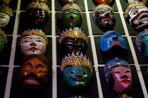 Batu - Indonesia, October 08, 2023. Various types of forms of Malangan Masks originating from Malang district. photo