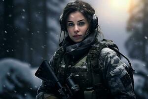 a female soldier is on duty in a snowy place Ai Generative photo