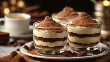A close-up shot of a freshly prepared tiramisu, focusing on the layers of coffee-soaked ladyfingers AI Generative photo