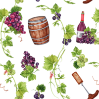 Seamless pattern with grapes, green leaves, grape vines, barrel, red wine bottle, wine corks and screw. Hand drawn watercolor illustration. png