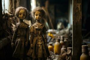 Spooky antique dolls in a cobwebbed forgotten attic of an abandoned house photo