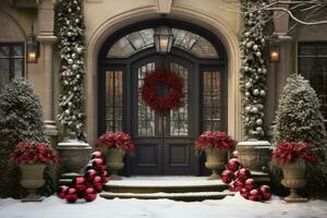 Elegant doors and windowsdecked out in Christmas holiday cheer photo