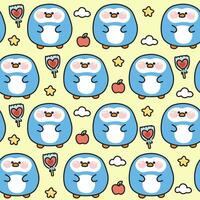 Seamless pattern of cute fat penguin with icon on pastel background.Chubby vector