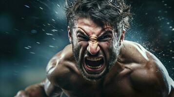 enojado masculino atleta puñetazos con determinación y agrede foto