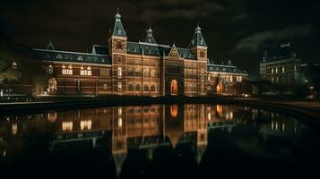 Night view of Rijksmuseum. Generative AI photo