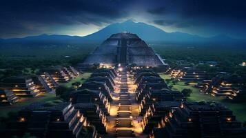 Night view of Teotihuacan. Generative AI photo