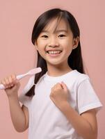 Asian girl in white towel smiles looks into camera and holds toothbrush, Generative AI photo