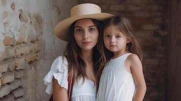 atractivo joven mujer con verde ojos y bronceado piel posando en el calle conmovedor su Paja sombrero y suavemente sonriente linda morena niña sentado en madres rodillas en hermosa blanco, generativo ai foto