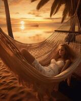 Beautiful barefooted girl sleeping in hammock at beach early in evening Outdoor portrait of graceful pale woman relaxing at summer resort with sunset on background, Generative AI photo