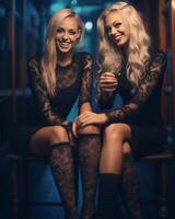 Excited longhaired girl in black dress and purple shoes having fun in cafe with pretty blonde female friend Indoor portrait of happy young ladies sitting in restaurant with cocktai, Generative AI photo