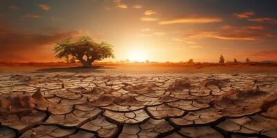 Global warming, arid, dry soil, cracked rift, dead trees, Generative AI photo