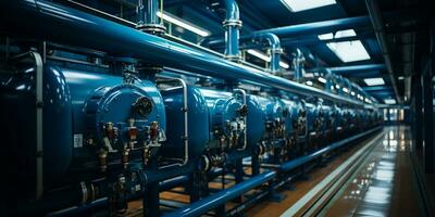 PVC pipeline an industrial city water treatment boiler room Valves and pipe conections, Generative AI photo