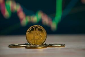 Bitcoin gold coin and defocused chart background, cryptocurrency bitcoin halving concept. The economic growth and basic financial investment business , Money, Technology and cryptocurrency. photo