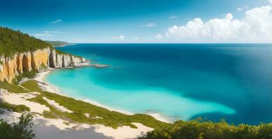 A panoramic view from a cliffs edge overlooking a sere of beautiful sea and beach. ai generative photo