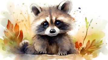 a cute little Raccoon in watercolor style. Generative AI photo