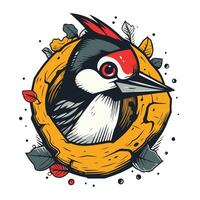 Hand drawn vector illustration of a woodpecker in a nest.