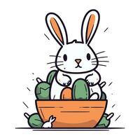 Cute cartoon bunny sitting in a basket with eggs. Vector illustration.