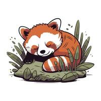 Cute red panda lying in the grass. Vector illustration.