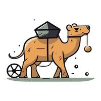 Cute cartoon camel with hat and rope. Vector illustration in flat style.