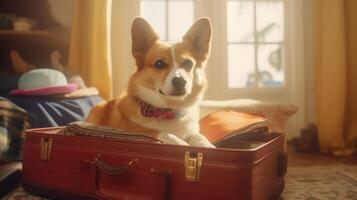 A corgi lies in a suitcase in an apartment, getting ready for a trip. AI Generated. photo