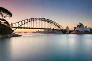 el Sydney ópera casa y puente a puesta de sol. generado por ai foto