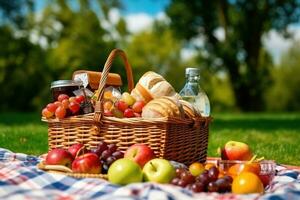 picnic cesta con comida en verde césped en parque. picnic cesta con Fruta y jugo, picnic cesta tiene un lote de comida en verde césped con azul cielo en parque.allí son Leche ,manzanas ,naranjas, ai generado foto