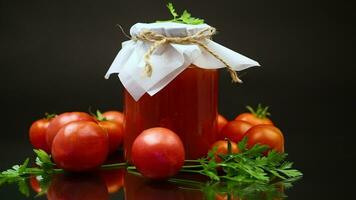 gekocht hausgemacht Tomate Saft Dosen- im ein Krug von natürlich Tomaten. video