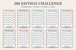 20 dólar ahorro desafío, dinero ahorro rastreador financiero desafío,ahorros objetivo gráfico, guardar dinero gráfico, 20 dólar ahorros tarro vector
