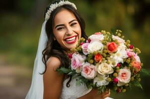 Hispanic bride with flowers. Generate Ai photo