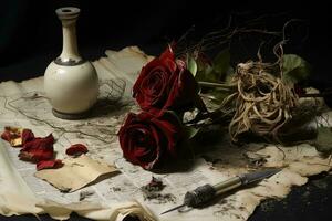 Still life with red roses, quill pen and old letters, Sorrow's Remnants Create an image that portrays the aftermath of war, featuring a broken flower vase with blood-stained flowers, AI Generated photo