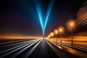 a long exposure photograph of fireworks and a train. AI-Generated photo