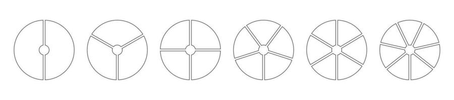 Pie chart templates. Circle divided on 2, 3, 4, 5, 6, 7 equal slices. Graph line art. Wheel diagrams with two, three, four, five, six, seven sectors. Outline donut chart or pie segmented. Vector icons