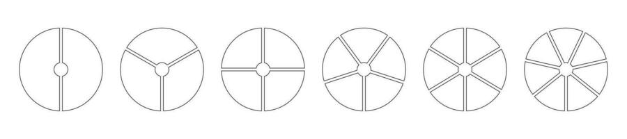 Pie chart templates. Circle divided on 2, 3, 4, 5, 6, 7 equal slices. Graph line art. Wheel diagrams with two, three, four, five, six, seven sectors. Outline donut chart or pie segmented. Vector icons