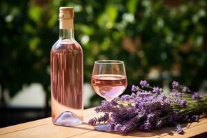 Lavender wine, one glass and a bouquet of lavender on wooden table against the backdrop of nature in the rays of sunset. Romance. Generated by artificial intelligence photo