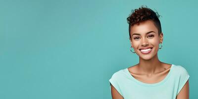 Smimilg young woman with dark skin and short groomed hair isolated on flat turquoise pastel background with copy space. Model for banner of cosmetic products, beauty salon and dentistry. Ai generative photo