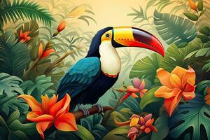 Tropical background with toucan and flowers. Vector illustration, Toucan in the jungle,Tropical birds in nature, AI Generated photo