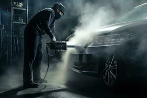 Car detailing. A man in a black uniform and a mask washes a car with a high pressure water jet, Steam cleaning of car air system, AI Generated photo