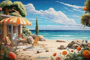 Beach cafe on the beach. 3D rendering. Digital illustration, Sommer, Sonne, Strand und Meer im Urlaub, AI Generated photo