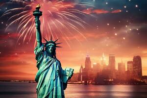 Statue of Liberty and New York City skyline at sunset, USA, Statue of Liberty and fireworks on the background of the American flag, AI Generated photo