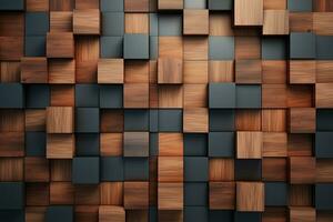 Wooden cubes background. 3d rendering, 3d illustration, Square, Soft sheen Wall background with tiles. 3D, tile Wallpaper with Wood, AI Generated photo