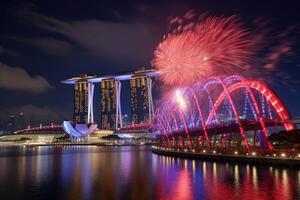 fuegos artificiales a centro de deportes acuáticos bahía playa hotel en Singapur, Singapur, noche Fuegos artificiales monitor Entre centro de deportes acuáticos bahía playa hotel y iluminado ferris rueda, ai generado foto