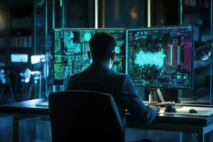 Back view of businessman working on desktop computer at night in dark office, Software engineer utilizing a computer in a modern data communication room, network connection lines, AI Generated photo