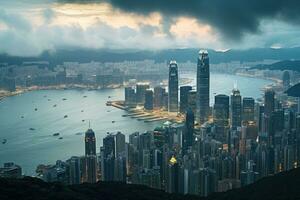 hong kong horizonte a atardecer, hong kong isla, porcelana. hong kong es el más densamente poblado isla en el mundo, horizonte de hong kong isla y kowloon desde victoria cima, ai generado foto